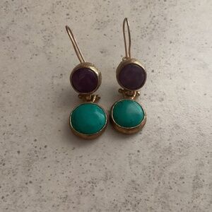 Earrings Fun turquoise and lapis I’m guessing..set in a gold metal